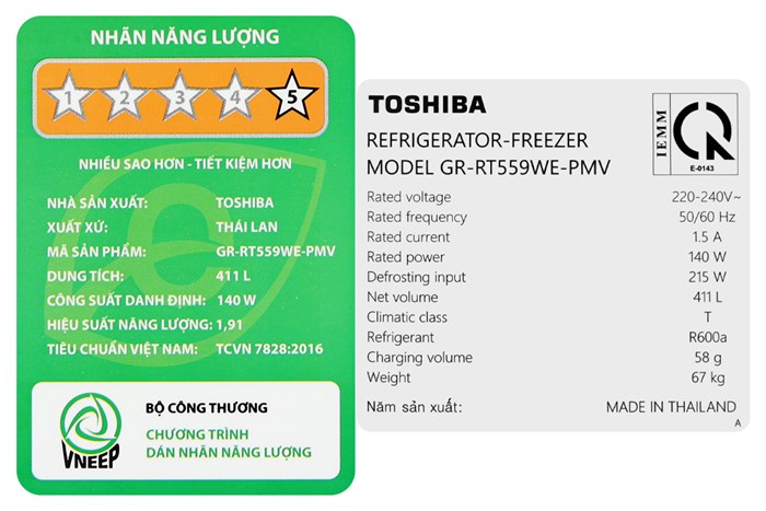 Tủ Lạnh Toshiba Inverter 411 Lít GR-RT559WE-PMV(58)-MM